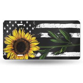 Fu-a-040 Hangwwzq Sunflower And Black American Flag Front License Plate One Size Green