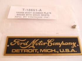 T-18651-a Vintique Ford Model T Brass Body Id Plate 1903-1905