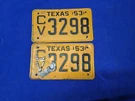 1953 Texas "passenger" License Plate Tags Pair Set CV3298. Fixed Price $95.00.