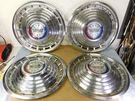 1963 Ford Galaxie Hubcaps, 14" Wheel Rim Cover, Original Set Red White Blue. Fixed Price $50.00.
