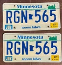 Minnesota 1987 License Plate Pair # RGN-565. Fixed Price $39.99.